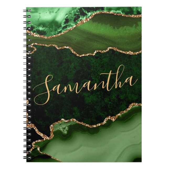 Cuaderno Mármol Ágata Brillo Verde y Dorado Falso (Frente)