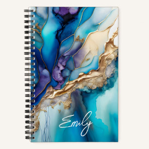 Cuaderno Mármol Azul Dorado Nombre Personalizado con letra