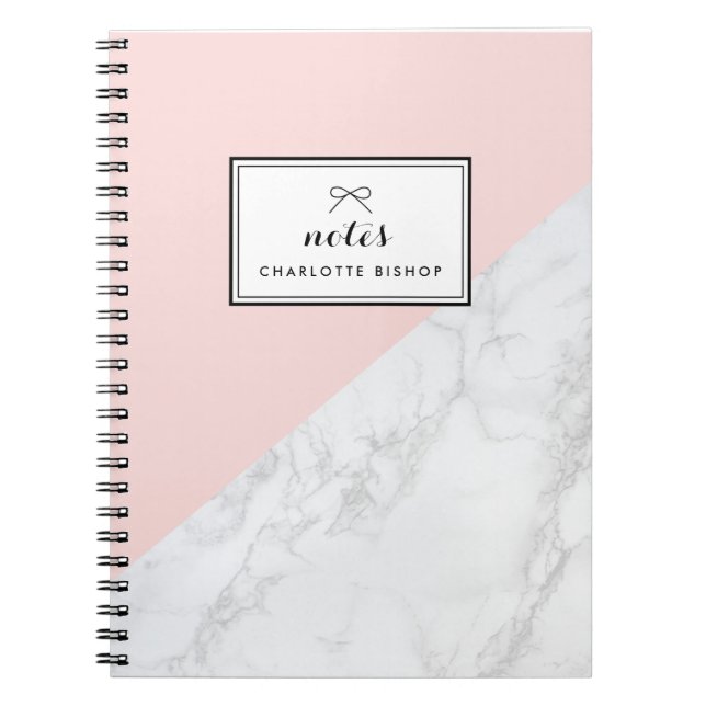 Cuaderno Mármol blanco moderno con bloque rosa personalizad (Frente)