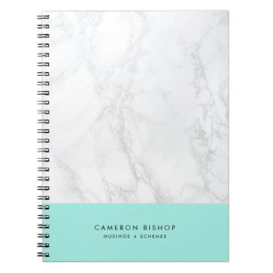 Cuaderno Mármol blanco y aqua   Personalizado moderno