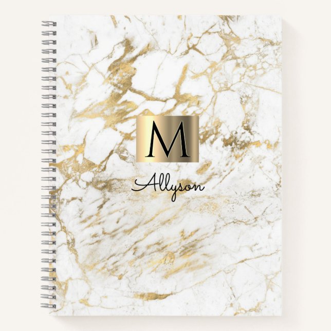 Cuaderno Mármol blanco y dorado, caja de oro, nombre y mono (Anverso)