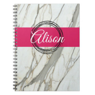 Cuaderno Mármol blanco y fucsia personalizado con nombre