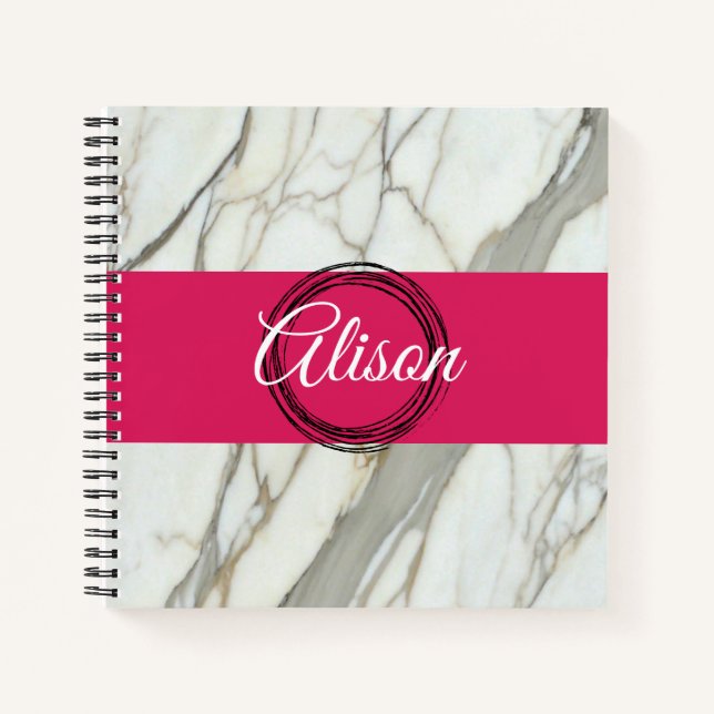 Cuaderno Mármol blanco y fucsia rosa nombre a la medida de  (Anverso)