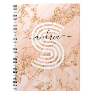 Cuaderno Mármol brillo oro rosa, nombre en letra cursiva mo