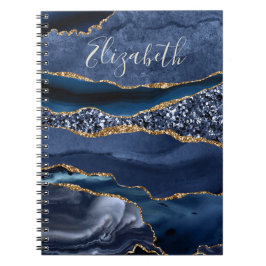Cuaderno Mármol de ágata con nombre monogramado azul dorado