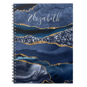 Cuaderno Mármol de ágata con nombre monogramado azul dorado