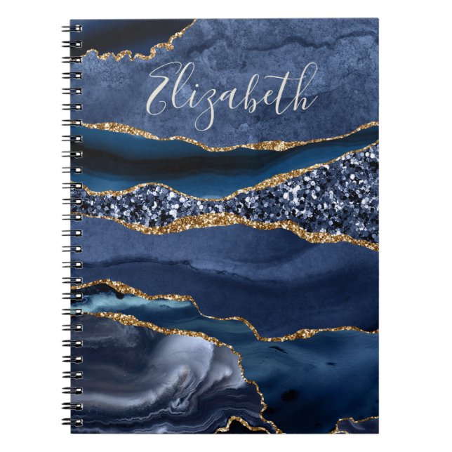 Cuaderno Mármol de ágata con nombre monogramado azul dorado (Frente)
