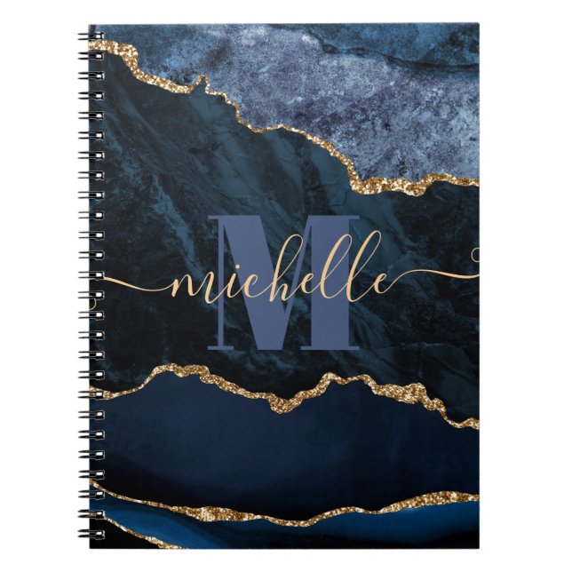Cuaderno Mármol de ágata de brillo falso azul y dorado (Frente)