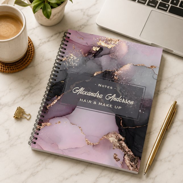 Cuaderno Mármol de Ágata Rosa Negro Dorado con Brillo (Stylish Pink Black Gold Glitter Agate Marble Notebook)