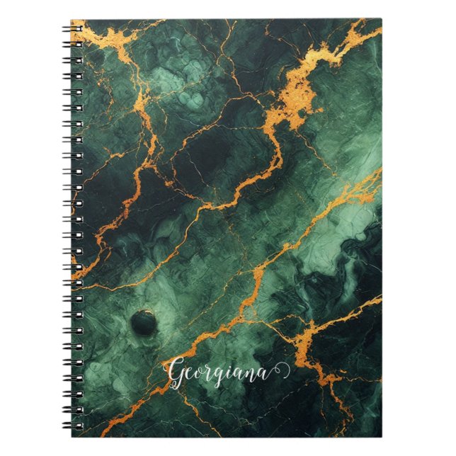 Cuaderno Mármol de oro y verde del bosque otoñal personaliz (Frente)