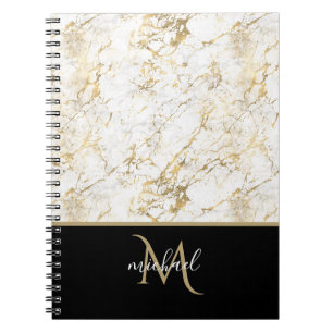 Cuaderno Mármol dorado y blanco con lujo de monograma negro