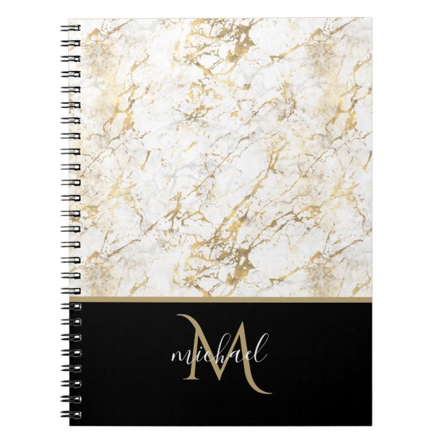 Cuaderno Mármol dorado y blanco con lujoso monograma negro (Frente)