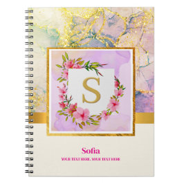 Cuaderno Mármol Líquido Rosa Azul Elegante Monograma Dorado