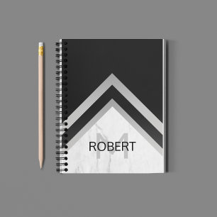 Cuaderno Mármol Negro Chevron Geométrico Monogramado