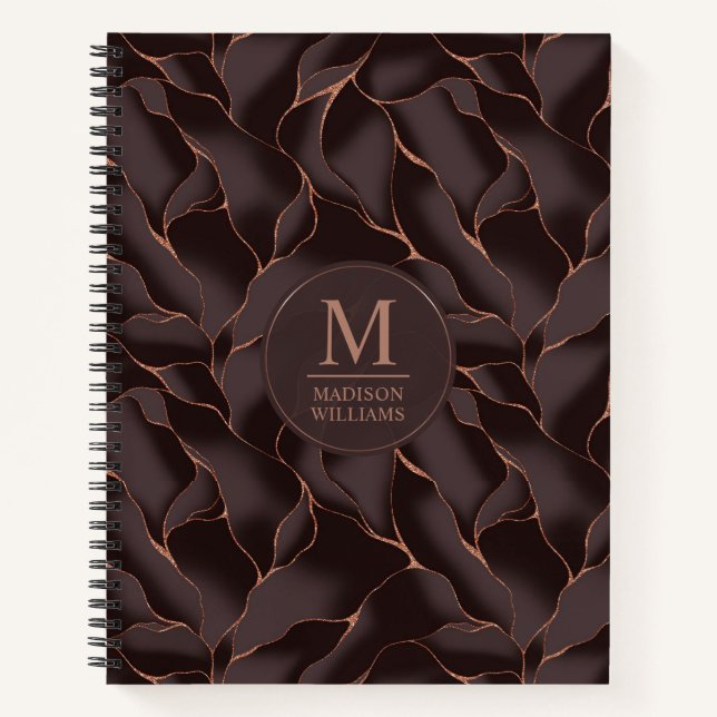 Cuaderno Marrón Chocolate & Patrón de Onda Abstracta en Oro (Anverso)