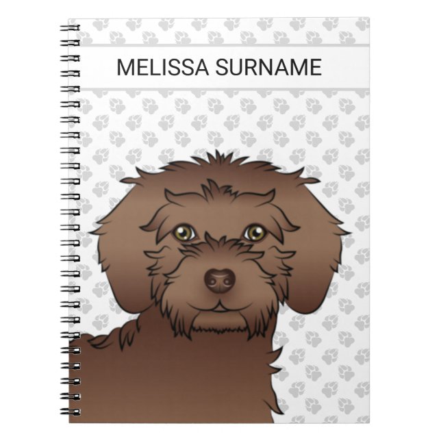 Cuaderno Marrón Mini Goldendoodle Caricatura Perro y texto (Frente)