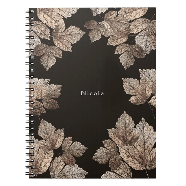 Cuaderno Marrón oscuro y bronce hojas rústico glam personal (Frente)