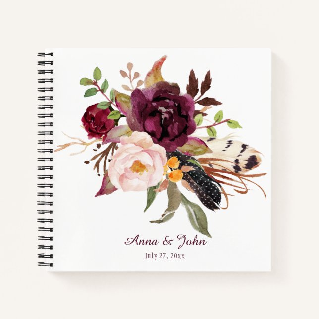 Cuaderno Marsala Boho Watercolor Floral Boda invitado (Anverso)