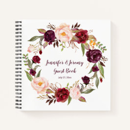 Cuaderno Marsala Burgundy Pink Floral Wreath Guest Book