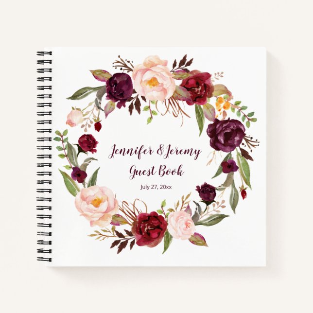 Cuaderno Marsala Burgundy Pink Floral Wreath Guest Book (Anverso)