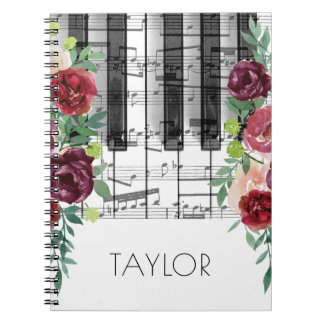 Cuaderno marsala de color agua de flores rojas piano