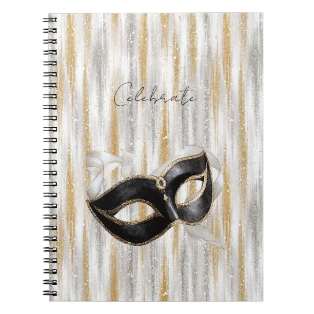 Cuaderno Máscara de celebración de plata dorada Glitzy (Frente)