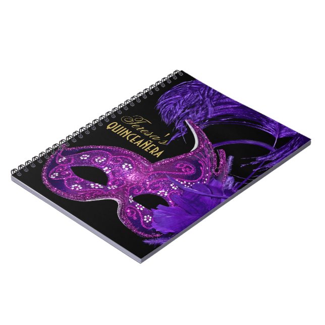 Cuaderno Masquerade quinceañera color rosa, máscara púrpura (Lado Izquierdo)