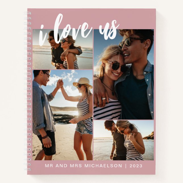 Cuaderno Me encanta el Collage de fotos de guiones rosado y (Anverso)