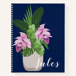 Cuaderno Medinilla tropical Vasa de flores rosadas en azul