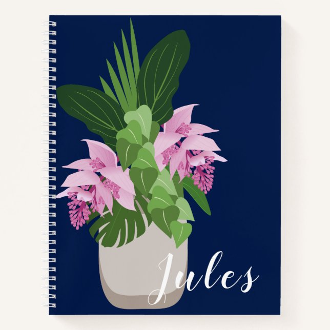 Cuaderno Medinilla tropical Vasa de flores rosadas en azul  (Anverso)