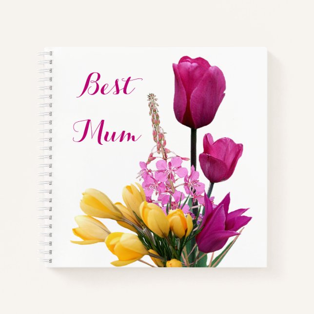 Cuaderno Mejor Mamá bonito tulipanes rosados crocus amarill (Anverso)