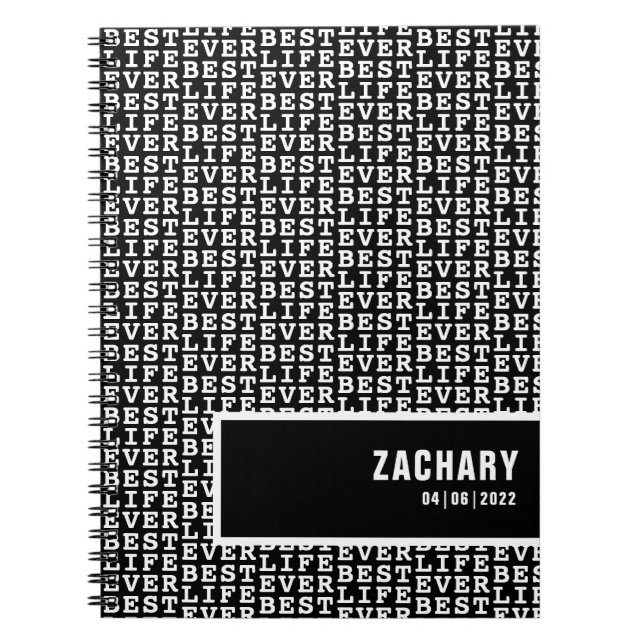 Cuaderno Mejor vida en negro con texto blanco personalizado (Frente)