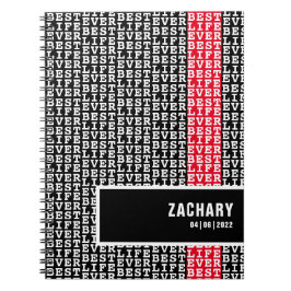 Cuaderno Mejor vida nunca negro con texto blanco banda roja