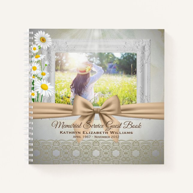 Cuaderno Memorial Service Beige Bow Daisies Photo Guestbook (Anverso)