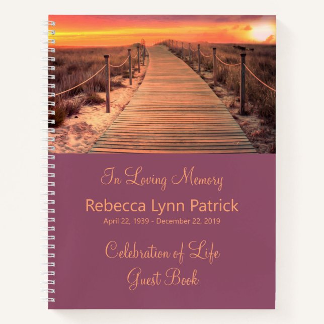 Cuaderno Memorial Service Guest Book Boardwalk Beach Sunset (Anverso)