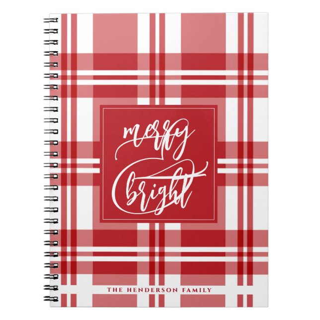 Cuaderno Merry y Bright | Nombre de familia | Red Plaid (Frente)
