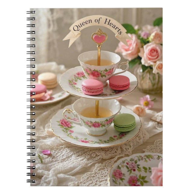 Cuaderno Mesa floral, tacups, bandejas en niveles macarons  (Frente)