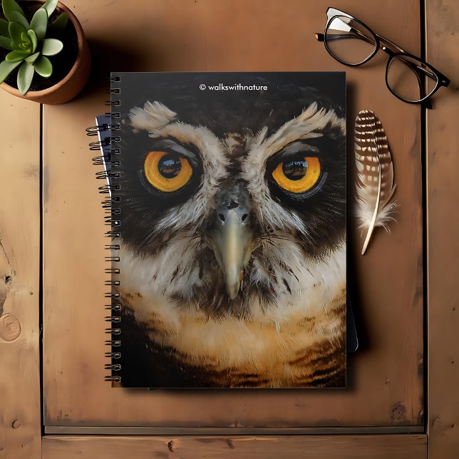 Cuaderno Mesmerizando los ojos dorados de una lechuza espec (Mesmerizing Golden Eyes of a Spectacled Owl Journal Cover Photo)