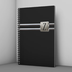 Cuaderno Metal de Monograma Negro Moderno Plateado