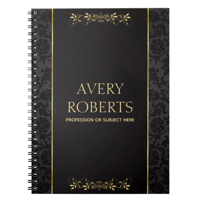 Cuaderno Metálico moderno Elegante floral oro negro (Frente)