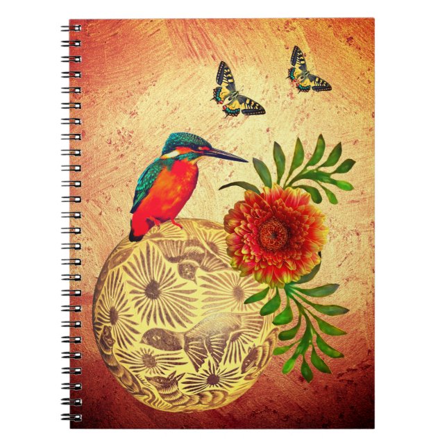 Cuaderno México Tones terrestres con pájaro rojo, mariposa  (Frente)