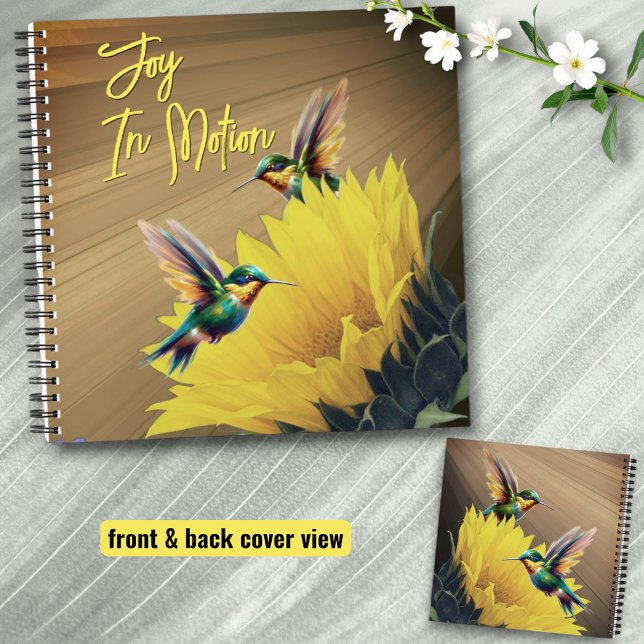 Cuaderno Mezcla de arte y fotografía con girasol Hummingbir (Square notebook cover front template and back view)
