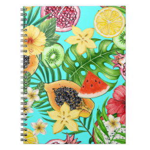 Cuaderno Mezcla tropical, flores y hojas en azul