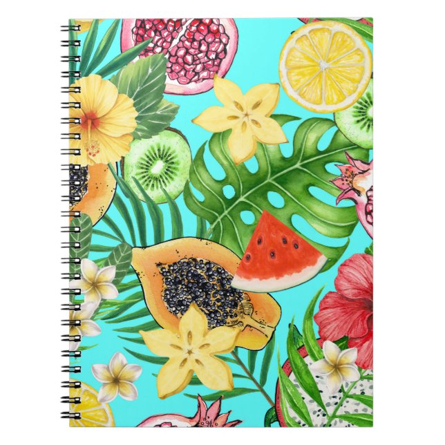 Cuaderno Mezcla tropical, flores y hojas en azul (Frente)