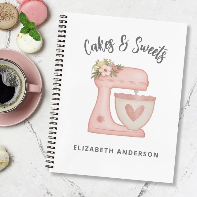 Cuaderno Mezclador de Pastel Floral Rosa Lindo para Reposte (A cute pink mixer bakery business notebook. Personalize it with your name)