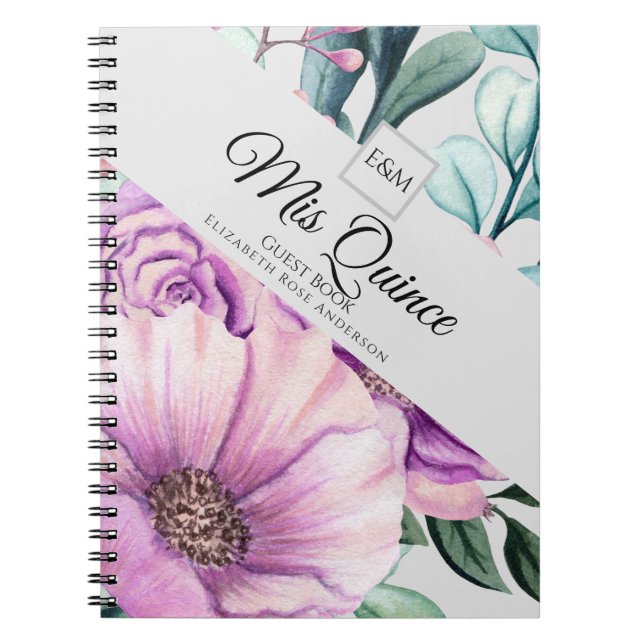Cuaderno Mi QUINCE Púrpura Floral Quinceanera GUESTBOOK NUE (Frente)