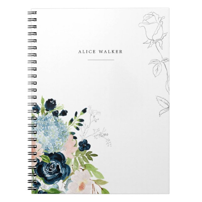 Cuaderno Midnight Blue Floral Blush Stationery Note Card (Frente)