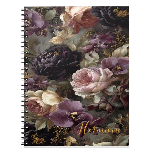Cuaderno Midnight Mystique: Floral Dura Morada y Dorada (Frente)