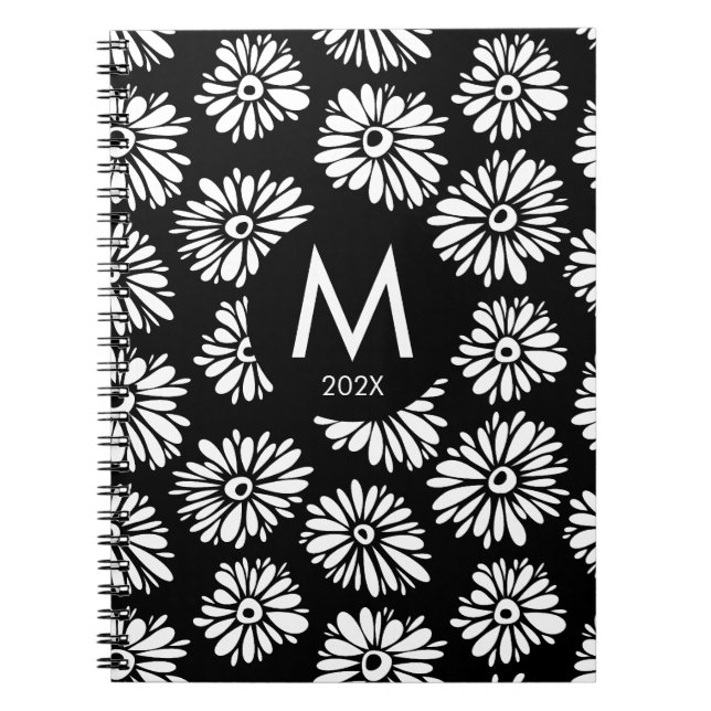 Cuaderno Minimalist Groovy Black and White Daisy Monogram (Frente)