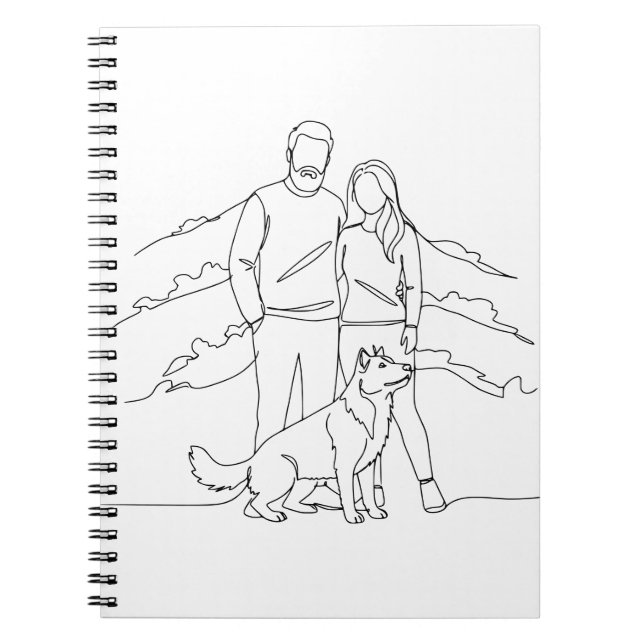 Cuaderno Minimalist Modern Couple with Dog Line Art Drawing (Frente)